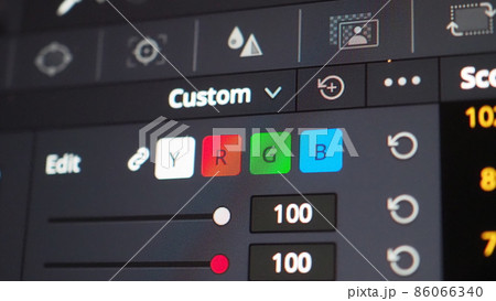 Color grading graph or RGB colour correction indicator on monitor in post production process. Telecine stage in video or film production processing. for colorist edit or adjust color on digital movie. 86066340