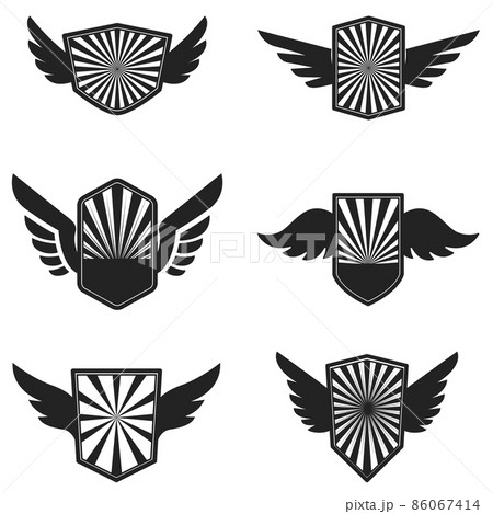 Set of emblems with wings. Design element for logo, label, emblem, sign, badge. Vector illustration 86067414