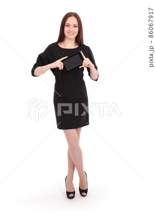 Happy student teenage girl keeps tablet pc 86067917