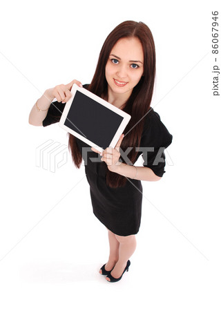 Happy student teenage girl view from above and showing a tablet display application Happy student teenage girl view from above and showing a tablet display application 86067946
