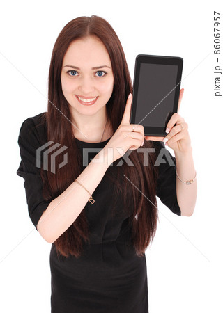 Happy student teenage girl view from above and showing a tablet display application Happy student teenage girl view from above and showing a tablet display application 86067957