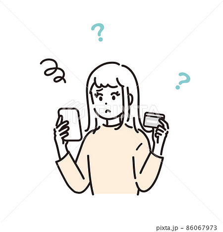 スマートフォンでカードの利用明細を確認し、悩む女性のイラスト素材 スマートフォンでカードの利用明細を確認し、悩む女性のイラスト素材 86067973
