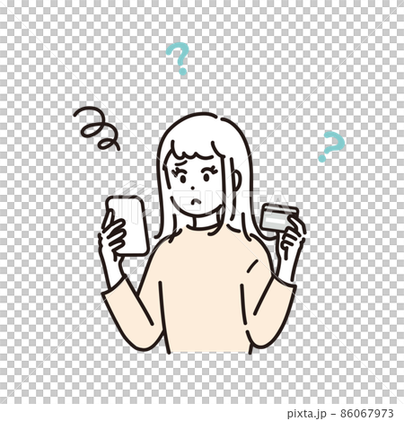 スマートフォンでカードの利用明細を確認し、悩む女性のイラスト素材 スマートフォンでカードの利用明細を確認し、悩む女性のイラスト素材 86067973