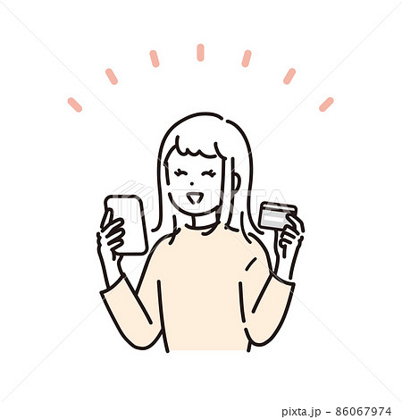 スマートフォンでカードの利用明細を確認し、安心する女性のイラスト素材 86067974