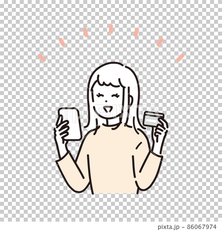 スマートフォンでカードの利用明細を確認し、安心する女性のイラスト素材 86067974