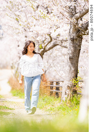 女性 桜並木 散歩 女性 桜並木 散歩 86074694