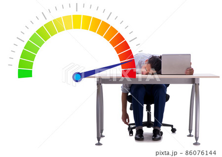 Businessman with meter measuring his stress level 86076144