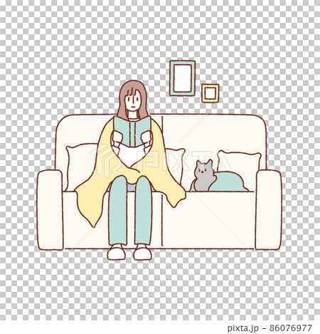 女性と猫がソファーに座っている手描き風イラスト 女性と猫がソファーに座っている手描き風イラスト 86076977