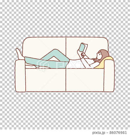ソファーに寝転んで本を読んでいる若い女性の手描き風イラスト 86076981