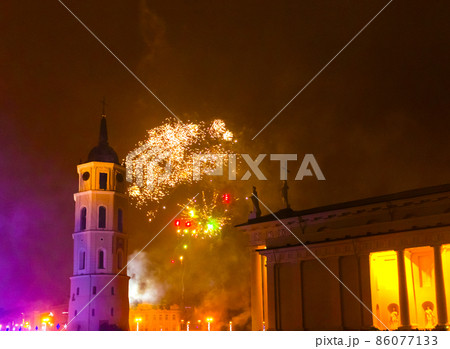 The main firework in Lithuania at New Year. The most interesting and popular viewpoint to historical disrict of Vilnius with Gediminius tower. The main firework in Lithuania at New Year. The most interesting and popular viewpoint to historical disrict of Vilnius with Gediminius tower. 86077133