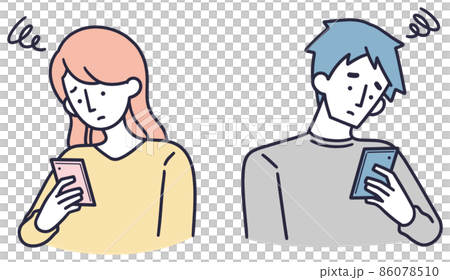 スマホを見て悩んでいる男女 遠距離恋愛 シンプルイラスト スマホを見て悩んでいる男女 遠距離恋愛 シンプルイラスト 86078510