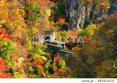 【宮城県】鳴子峡を渡る紅葉列車 86081620
