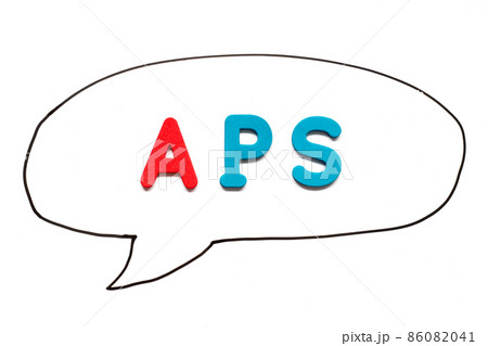 Alphabet letter with word APS (Abbreviation of Account payable system or Advanced planning and scheduling) in black line hand drawing as bubble speech on white board background 86082041