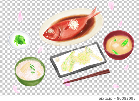 手繪水彩風格春季菜單(燉阿方西諾、竹筍飯、野菜天婦羅、春季蔬菜味噌湯、芝麻醬油菜花)套餐 手繪水彩風格春季菜單(燉阿方西諾、竹筍飯、野菜天婦羅、春季蔬菜味噌湯、芝麻醬油菜花)套餐 86082095