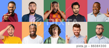 Collage of multicultural men expressing different emotions, panorama Collage of multicultural men expressing different emotions, panorama 86084300