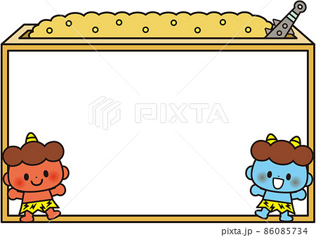 楽しい節分かわいい鬼と豆と升と金棒フレームのイラスト素材