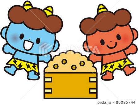 節分☆豆まき☆仲良し鬼さん♡ 節分の豆まき踊る赤鬼青鬼さん：イラスト無料