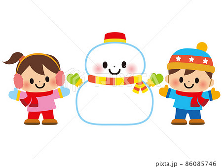 楽しい雪遊びをして雪だるまを作る子供のイラスト素材