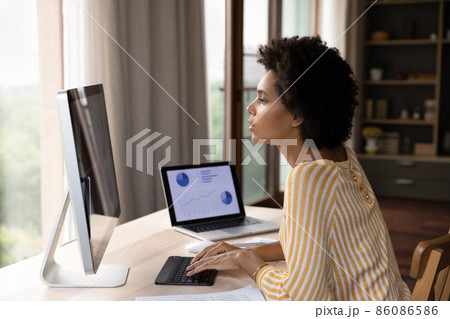 Focused young African American businesswoman working on computer. 86086586