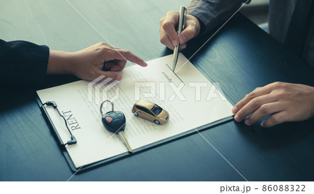 The car dealer provides advice on loans, insurance details, and car rental information, and delivers the car with the keys after the rental contract is signed 86088322