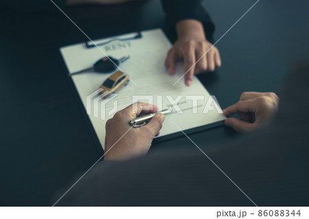 The car dealer provides advice on loans, insurance details, and car rental information, and delivers the car with the keys after the rental contract is signed 86088344