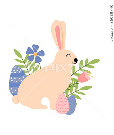 Easter bunny with eggs vector illustration. Cute postcard for Easter with a rabbit.Rabbit with eggs, flowers and leaves. 86089740