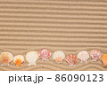 Curved line of seashells lying on lines of sand. With space for design, text place 86090123