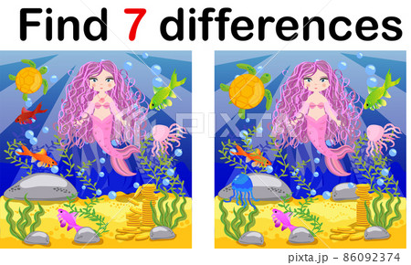 Game for children: find differences, little mermaid and sea world. Game for children: find differences, little mermaid and sea world. 86092374