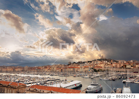 Aerial panoramic view on basilica of Notre Dame de la Garde and old port in Marseille, France 86092473