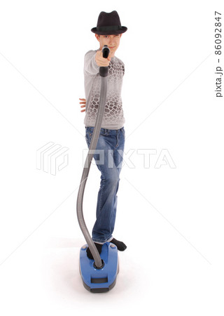 Boy in a hat holding a vacuum cleaner Boy in a hat holding a vacuum cleaner 86092847