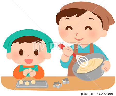 お菓子作りをする男性と男の子のイラスト素材