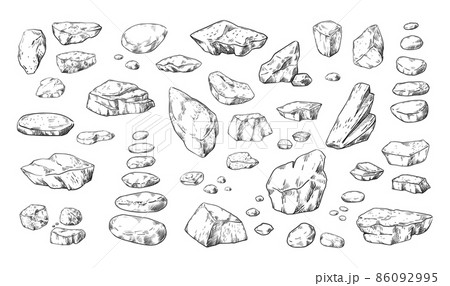 Stones sketch. Hand drawn pebble and boulders in piles. Outline doodle rock structure. Natural material. Cobblestone shapes. Isolated geological elements. Vector granite rubbles set 86092995