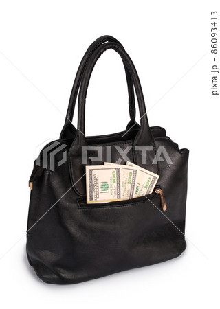 Black handbag full of money (Clipping path) 86093413