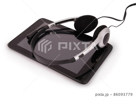 Black tablet PC and headphones (Clipping path) 86093779