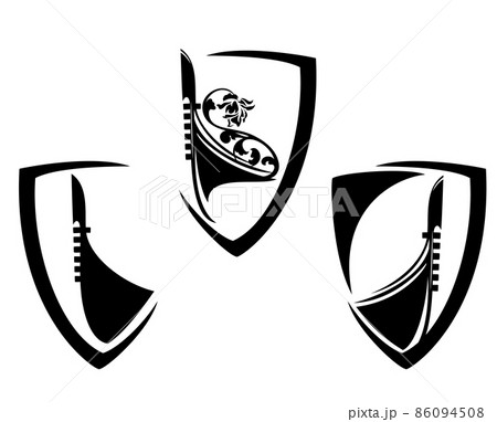 simple heraldic shield with venetian gondola boat black vector silhouette design set simple heraldic shield with venetian gondola boat black vector silhouette design set 86094508