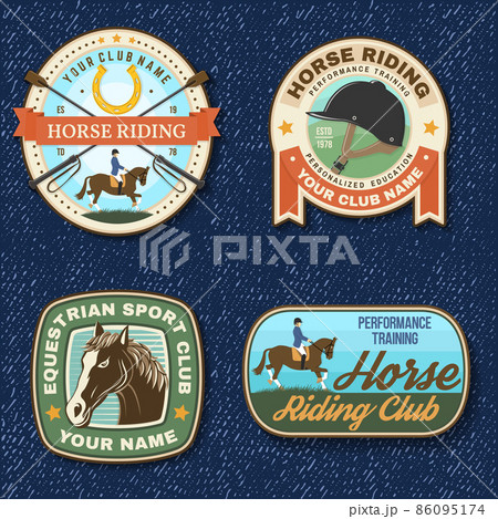 Set of Horse racing sport club badge, patch, emblem, logo. Vector illustration. Vintage equestrian label, sticker with rider and horse silhouettes. Horseback riding sport 86095174