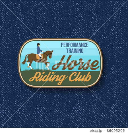 Horse racing sport club badge, patch, emblem, logo. Vector illustration. Vintage monochrome equestrian label, sticker with rider and horse silhouettes. Horseback riding sport 86095206