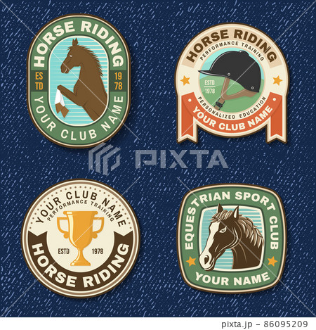 Set of Horse racing sport club badge, patch, emblem, logo. Vector illustration. Vintage equestrian label, sticker with rider and horse silhouettes. Horseback riding sport Set of Horse racing sport club badge, patch, emblem, logo. Vector illustration. Vintage equestrian label, sticker with rider and horse silhouettes. Horseback riding sport 86095209