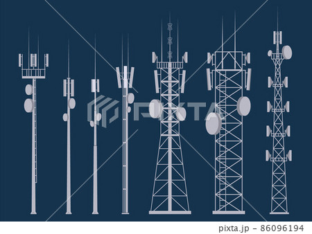 Transmission cellular tower. Mobile and radio communications antennas for wireless connections. Outline vector illustrations set Transmission cellular tower. Mobile and radio communications antennas for wireless connections. Outline vector illustrations set 86096194
