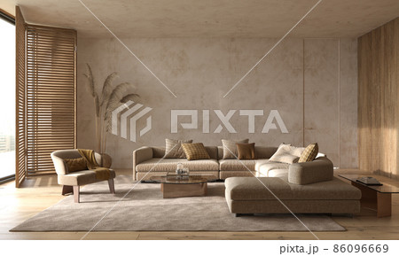 Modern interior japandi style design livingroom. Lighting and sunny scandinavian apartment with plaster and wood. 3d render illustration. 86096669