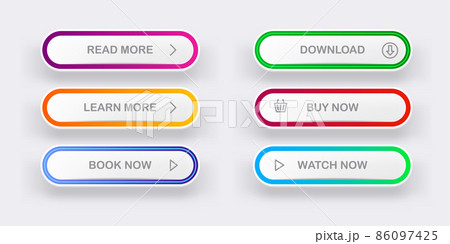 Modern material style buttons set isolated on grey background. Read more, buy now, download, book now, watch now buttons collection with gradient colors and icons with shadows. Modern material style buttons set isolated on grey background. Read more, buy now, download, book now, watch now buttons collection with gradient colors and icons with shadows. 86097425
