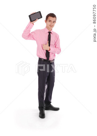Boy in a black suit hold a tablet PC 86097750