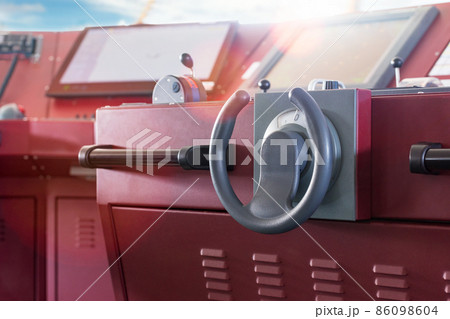 Ship control board. Wheelhouse helm, vessel bridge. Ship control board. Wheelhouse helm, vessel bridge. 86098604