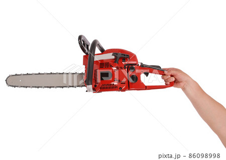 By one hand holding a chainsaw By one hand holding a chainsaw 86098998