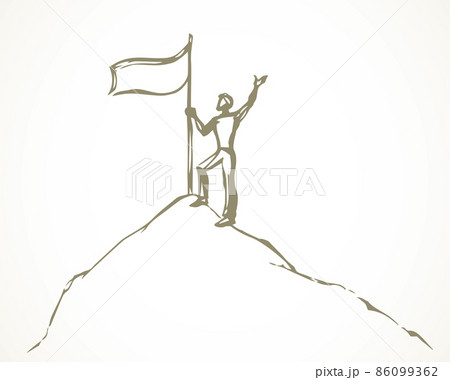 The man put the flag on the top of the mountain. Vector drawing 86099362