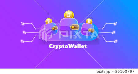 Cryptocurrency wallet concept illustration with wallet and crypto coins isolated on violet background. Crypto wallet landing page and poster design template. Crypto wallet for bitcon, solana, ethereum 86100797