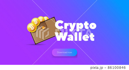 Cryptocurrency wallet concept illustration with wallet and crypto coins isolated on violet background. Crypto wallet landing page and poster design template. Crypto wallet for bitcon, solana, ethereum 86100846