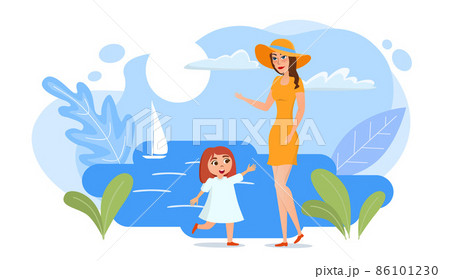 Happy family characters Mom and daughter on summer beach. Mommy and daughter at sea. Woman and child are resting. Cartoon flat vector illustration isolated on white. Happy family characters Mom and daughter on summer beach. Mommy and daughter at sea. Woman and child are resting. Cartoon flat vector illustration isolated on white. 86101230