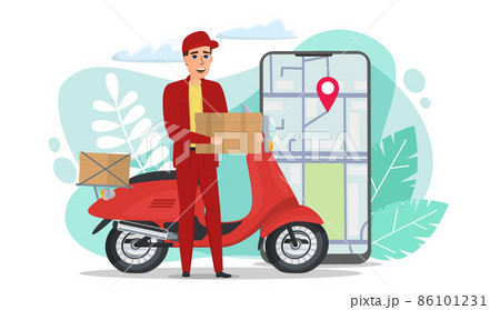 Online order tracking. Fast delivery by scooter via mobile phone. E-commerce concept. Shopping online store. Online delivery concept. City logistics. Cartoon flat illustration isolated on white. Online order tracking. Fast delivery by scooter via mobile phone. E-commerce concept. Shopping online store. Online delivery concept. City logistics. Cartoon flat illustration isolated on white. 86101231