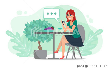 A young woman using a smartphone works and drinks a cocktail in an outdoor cafe. The girl on the Internet in a chat keeps a blog. Cartoon flat vector illustration isolated on white. A young woman using a smartphone works and drinks a cocktail in an outdoor cafe. The girl on the Internet in a chat keeps a blog. Cartoon flat vector illustration isolated on white. 86101247